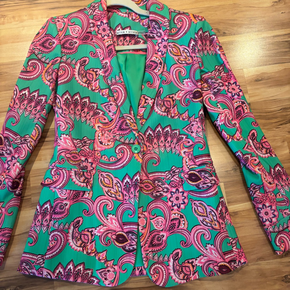 Alice & Olivia Paisley Blazer in Vibrant Pink and Green